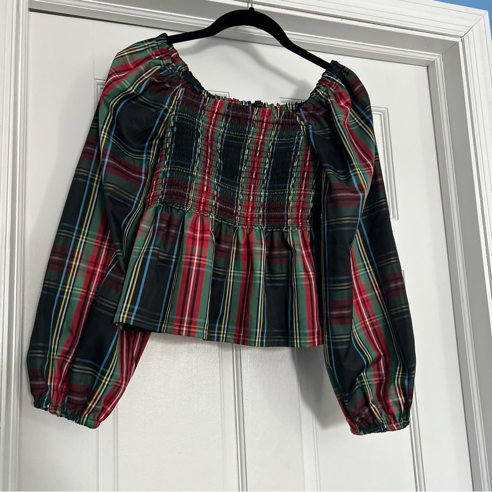 NWT J Crew small puff sleeve smocked peplum top in Stewart tartan plaid preppy